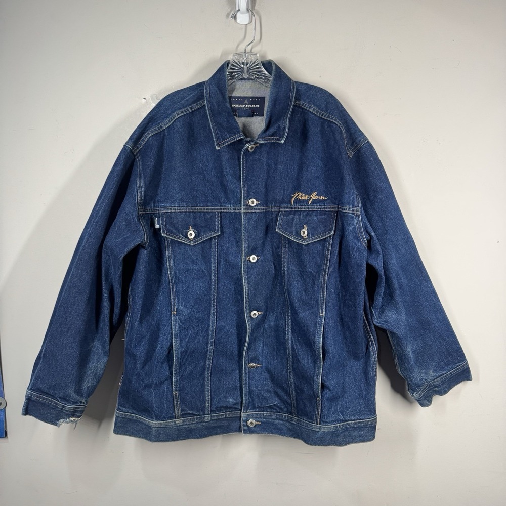 Phat Farm Vintage Y2K Denim Jacket Embroidered Logo Jean Jacket Button Up Sz 2XL
